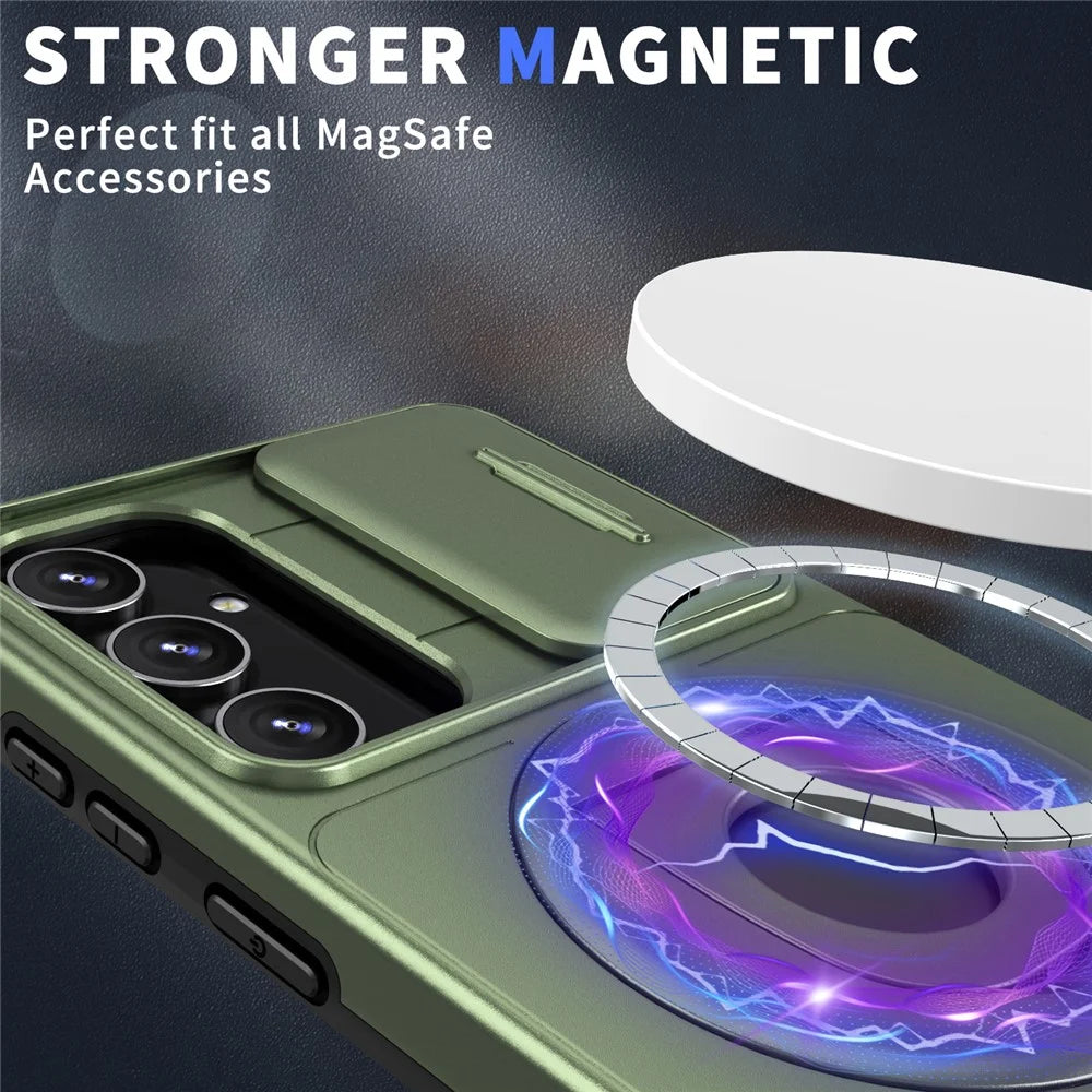For Samsung Galaxy S21 FE 5G Magnetic Phone Case Slide Camera Protection Shockproof Cover - Green - 2