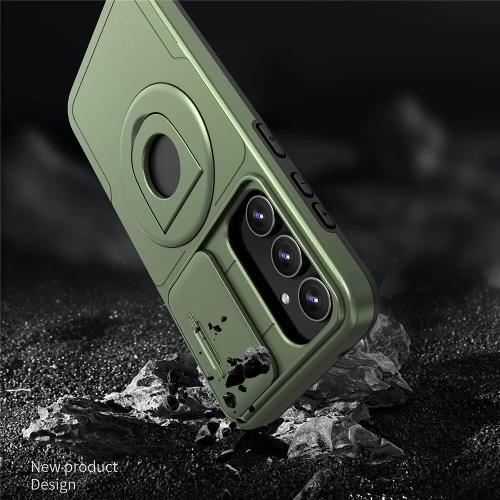 For Samsung Galaxy S21 FE 5G Magnetic Phone Case Slide Camera Protection Shockproof Cover - Green - 3