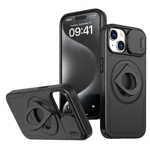 For iPhone 15 Magnetic Case Camera Protection Phone Cover Anti-Drop Ring Kickstand - Black - 1