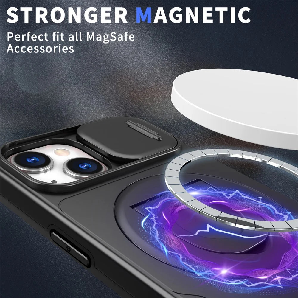 For iPhone 15 Magnetic Case Camera Protection Phone Cover Anti-Drop Ring Kickstand - Black - 2