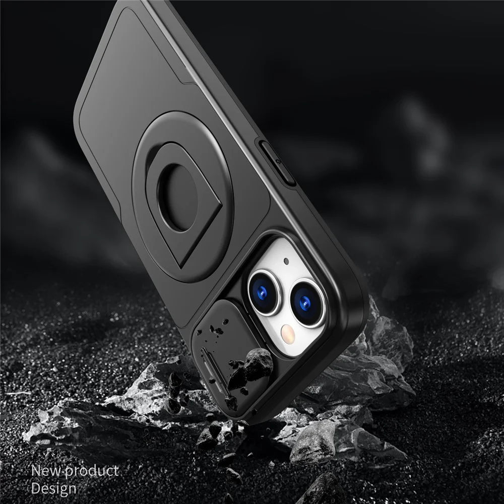 For iPhone 15 Magnetic Case Camera Protection Phone Cover Anti-Drop Ring Kickstand - Black - 3