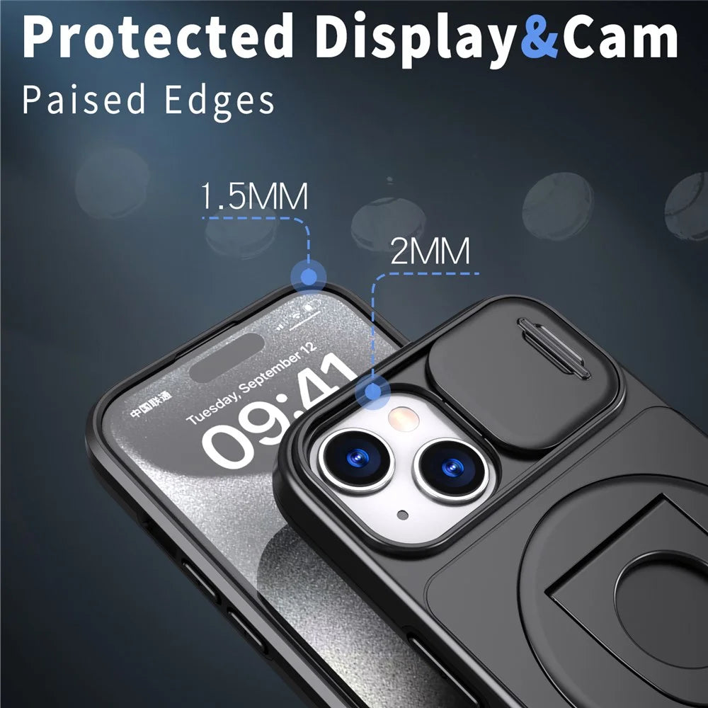 For iPhone 15 Magnetic Case Camera Protection Phone Cover Anti-Drop Ring Kickstand - Black - 4
