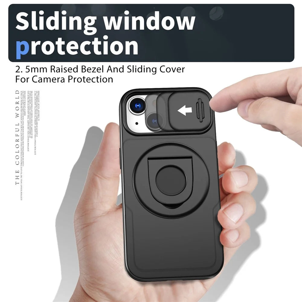 For iPhone 15 Magnetic Case Camera Protection Phone Cover Anti-Drop Ring Kickstand - Black - 5