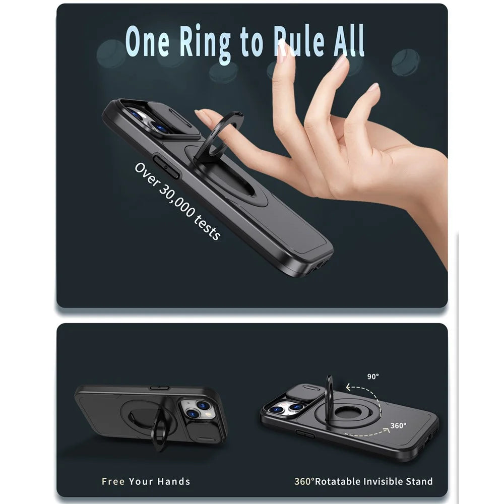 For iPhone 15 Magnetic Case Camera Protection Phone Cover Anti-Drop Ring Kickstand - Black - 6