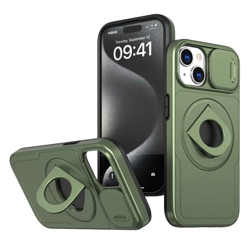 For iPhone 13 / 14 Phone Case Kickstand Magnetic Back Shell with Slide Camera Cover - Green - 1