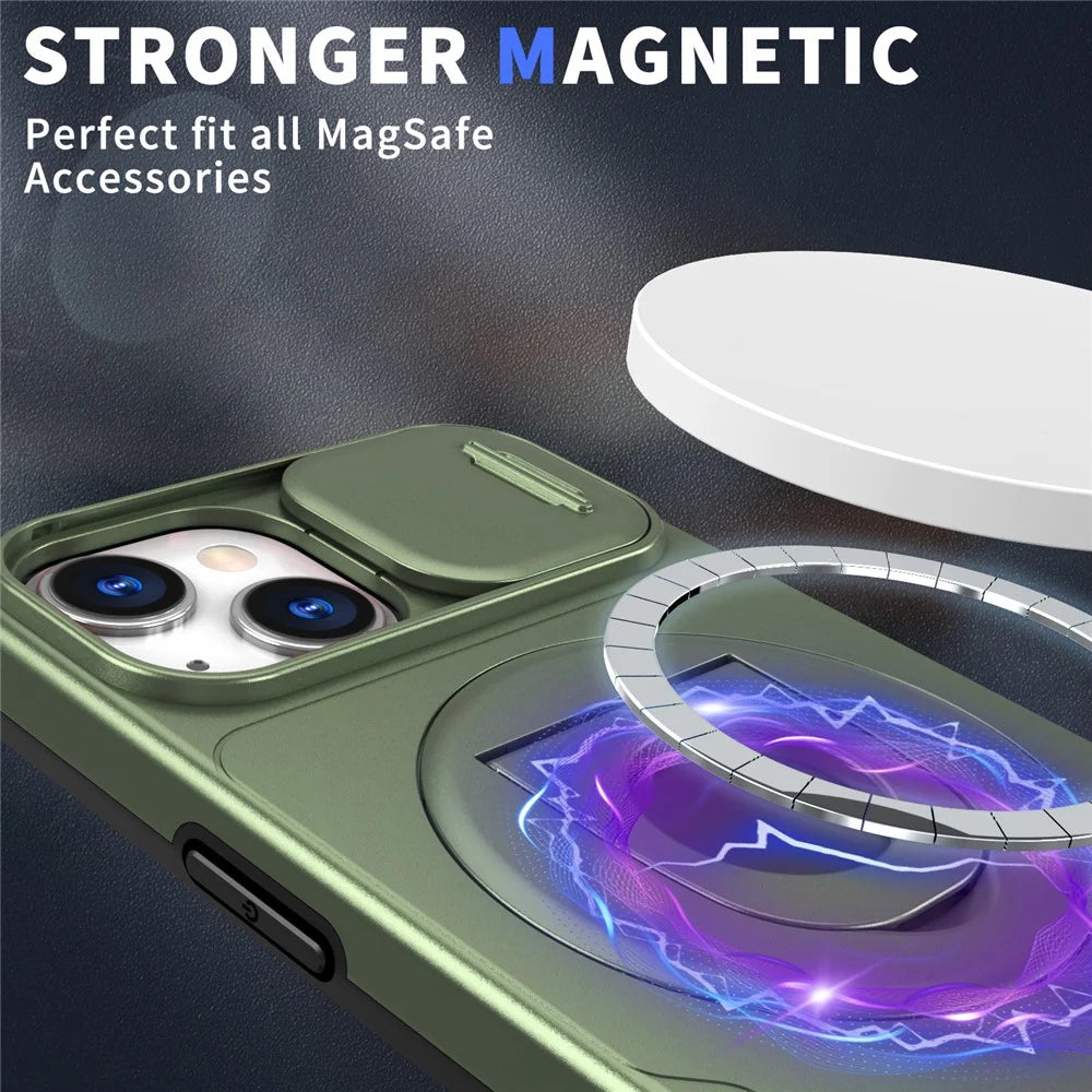For iPhone 13 / 14 Phone Case Kickstand Magnetic Back Shell with Slide Camera Cover - Green - 2