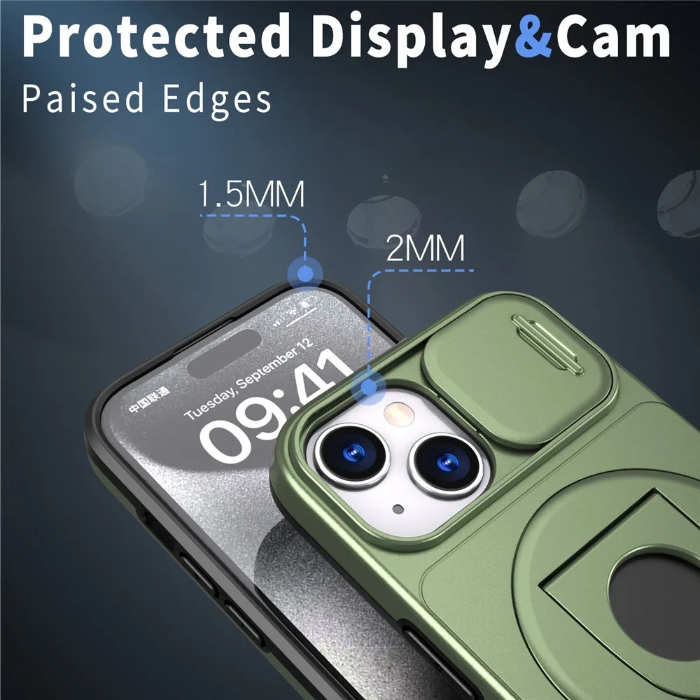 For iPhone 13 / 14 Phone Case Kickstand Magnetic Back Shell with Slide Camera Cover - Green - 4