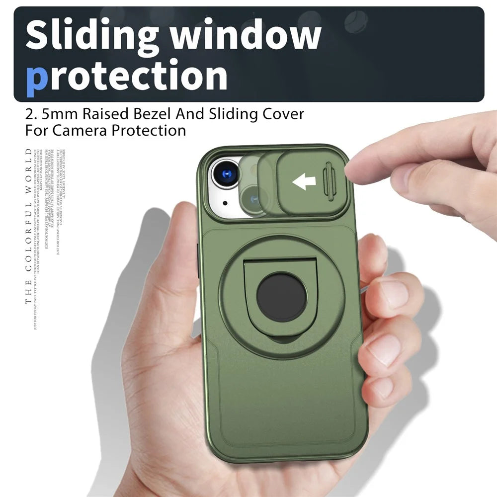 For iPhone 13 / 14 Phone Case Kickstand Magnetic Back Shell with Slide Camera Cover - Green - 5