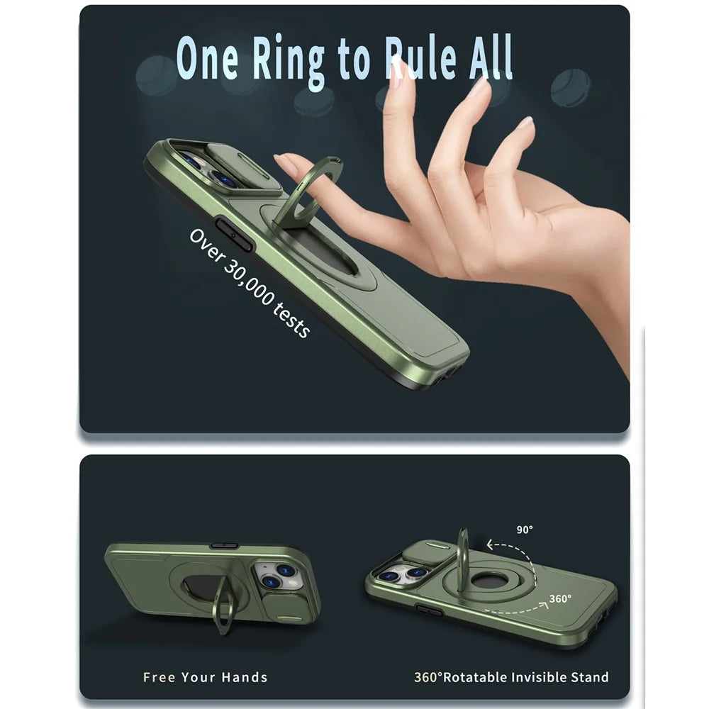 For iPhone 13 / 14 Phone Case Kickstand Magnetic Back Shell with Slide Camera Cover - Green - 6