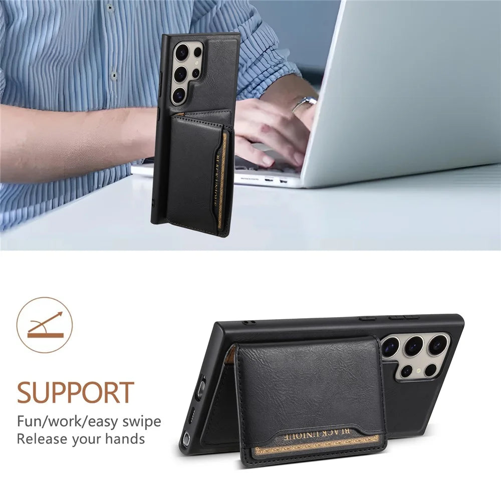DENIOR For Samsung Galaxy S24 Ultra Phone Cover Magnetic Detachable Wallet Case Kickstand - Black - 6