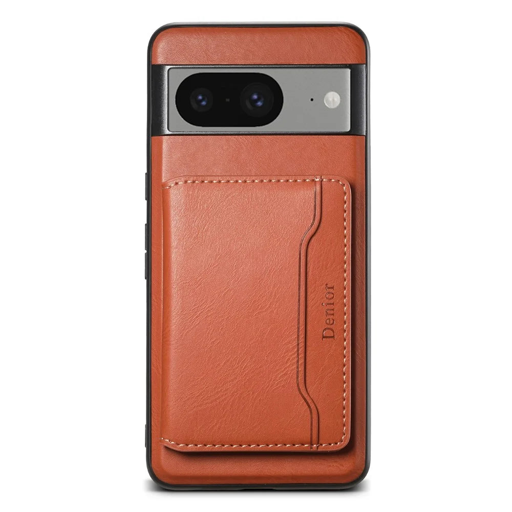 DENIOR For Google Pixel 8 Wallet Phone Case Magnetic Card Holder Kickstand Protective Cover - Brown - 1