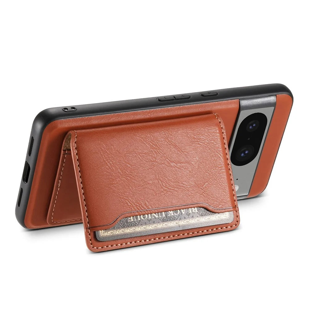 DENIOR For Google Pixel 8 Wallet Phone Case Magnetic Card Holder Kickstand Protective Cover - Brown - 2