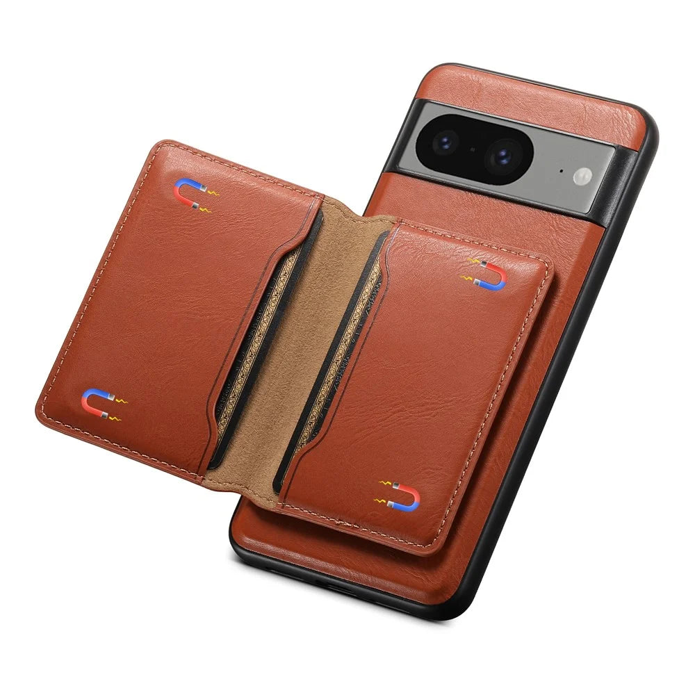 DENIOR For Google Pixel 8 Wallet Phone Case Magnetic Card Holder Kickstand Protective Cover - Brown - 3