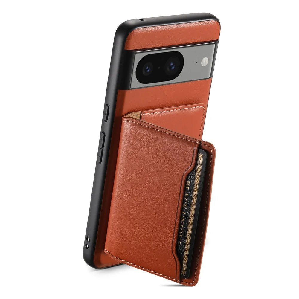 DENIOR For Google Pixel 8 Wallet Phone Case Magnetic Card Holder Kickstand Protective Cover - Brown - 4