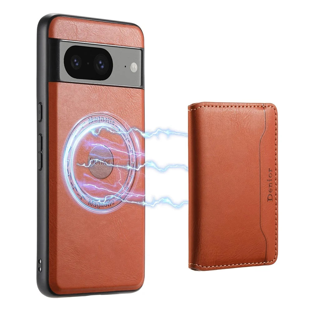 DENIOR For Google Pixel 8 Wallet Phone Case Magnetic Card Holder Kickstand Protective Cover - Brown - 5