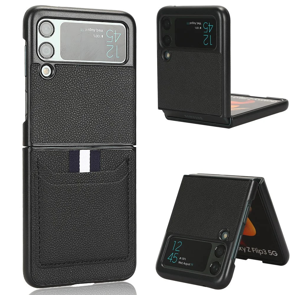 For Samsung Galaxy Z Flip3 5G Case PU Leather Card Holder Phone Back Cover - Black - 1