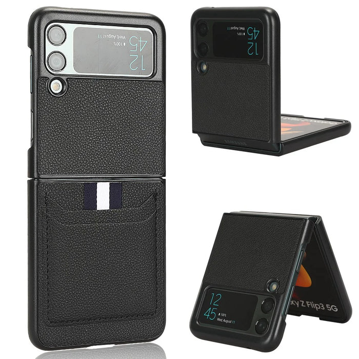 For Samsung Galaxy Z Flip3 5G Case PU Leather Card Holder Phone Back Cover - Black - 1