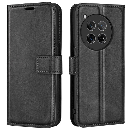 For OnePlus 12 5G PU Leather Folio Cover Magnetic Buckle Flip Phone Case Wallet - Black - 1
