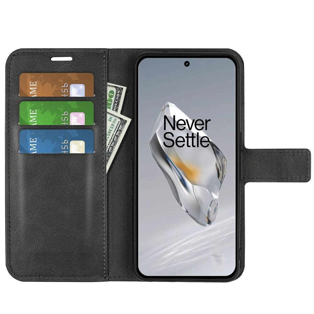 For OnePlus 12 5G PU Leather Folio Cover Magnetic Buckle Flip Phone Case Wallet - Black - 2
