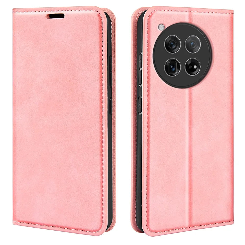 For OnePlus 12 5G PU Leather Skin-touch Case Wallet Flip Phone Cover - Pink - 1