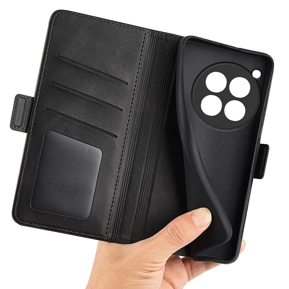 For OnePlus 12 5G Leather Flip Wallet Case Folio Stand View Phone Cover - Black - 5