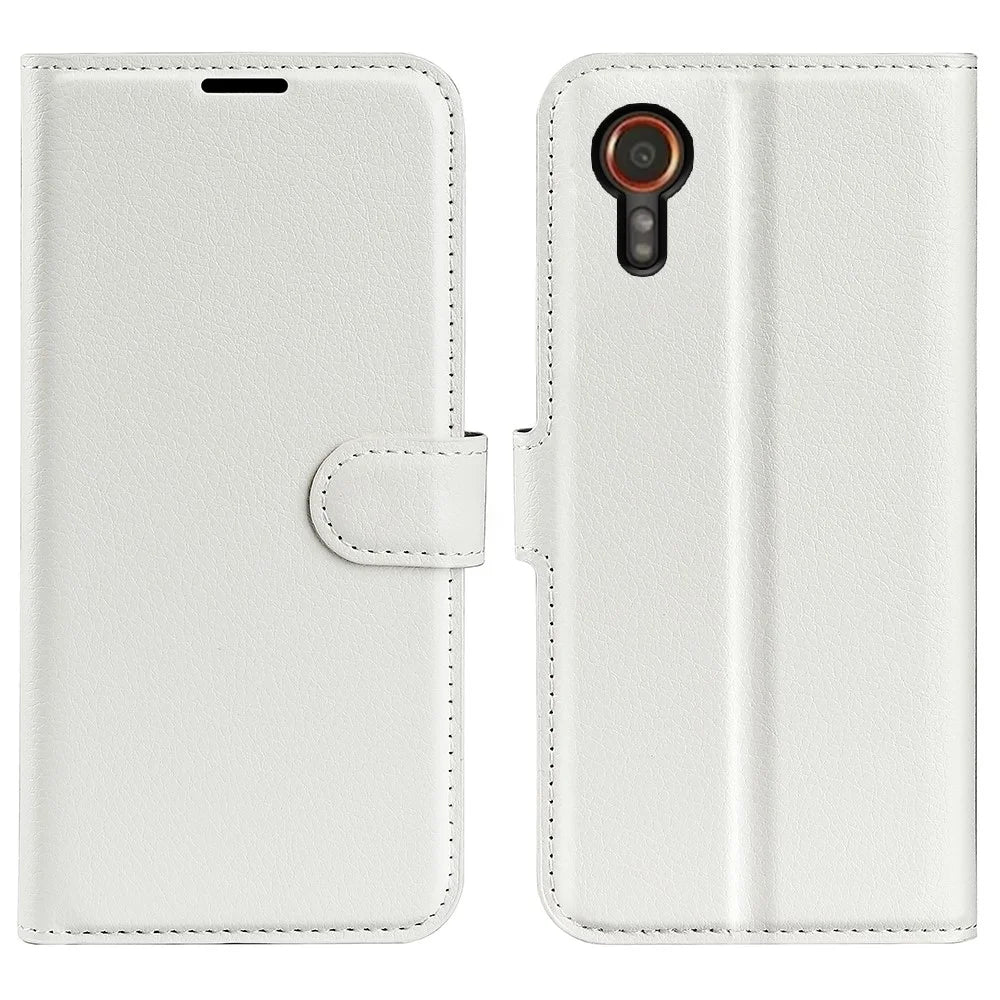 For Samsung Galaxy Xcover7 Litchi Texture PU Leather Wallet Case Card Slot Stand Phone Cover - White - 1