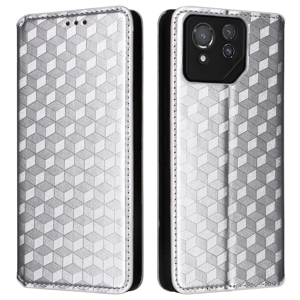 For Asus ROG Phone 8 Pro 5G / 8 5G Wallet Case Leather Magnetic Auto Closing Imprint Cover - Silver - 1