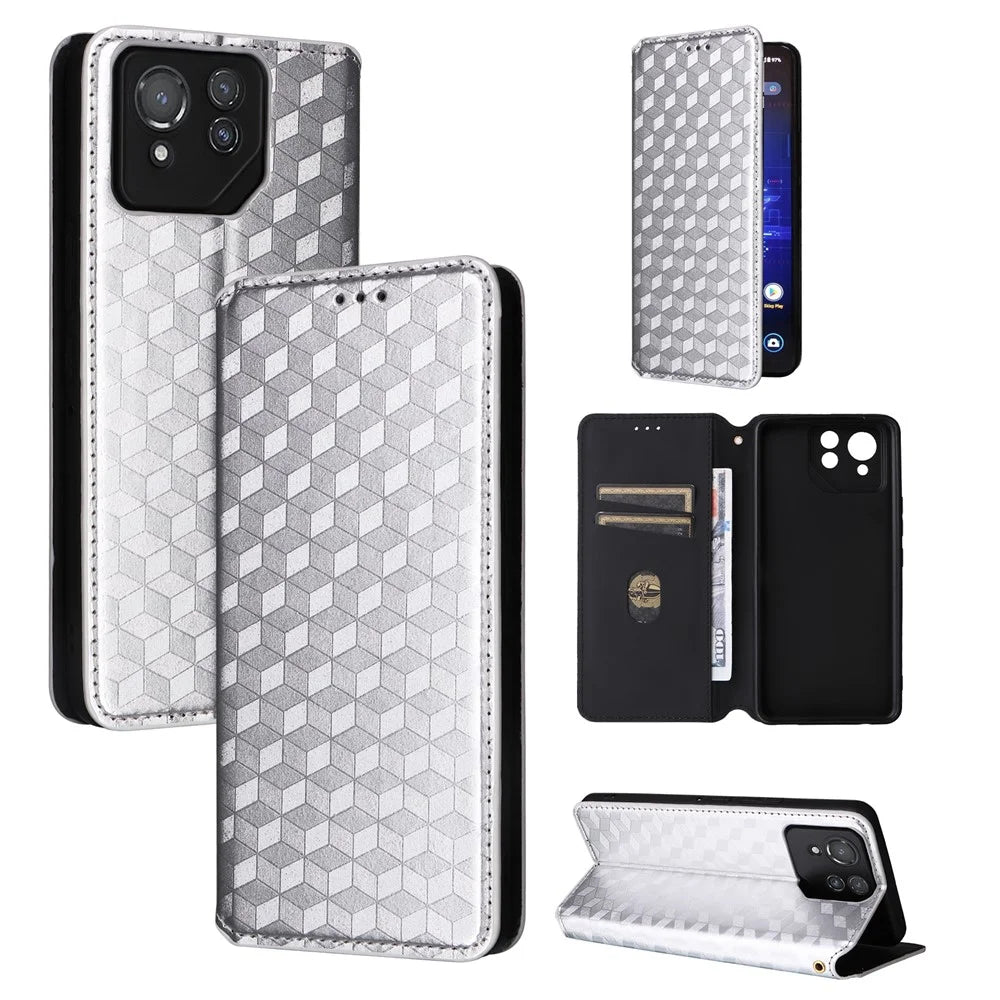 For Asus ROG Phone 8 Pro 5G / 8 5G Wallet Case Leather Magnetic Auto Closing Imprint Cover - Silver - 7