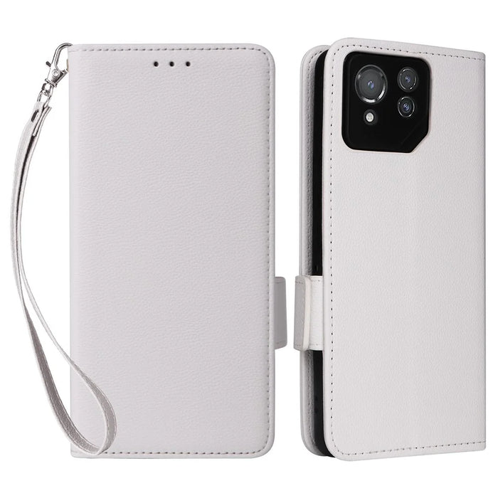 For Asus ROG Phone 8 Pro 5G / 8 5G Magnetic Case Leather Litchi Texture Cover with Wrist Strap - White - 1