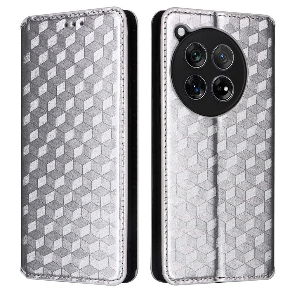 For OnePlus Ace 3 5G / 12R 5G Phone Cover Magnetic Rhombus Pattern Leather Case - Silver - 1