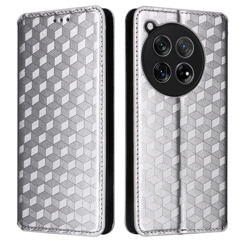 For OnePlus Ace 3 5G / 12R 5G Phone Cover Magnetic Rhombus Pattern Leather Case - Silver - 1