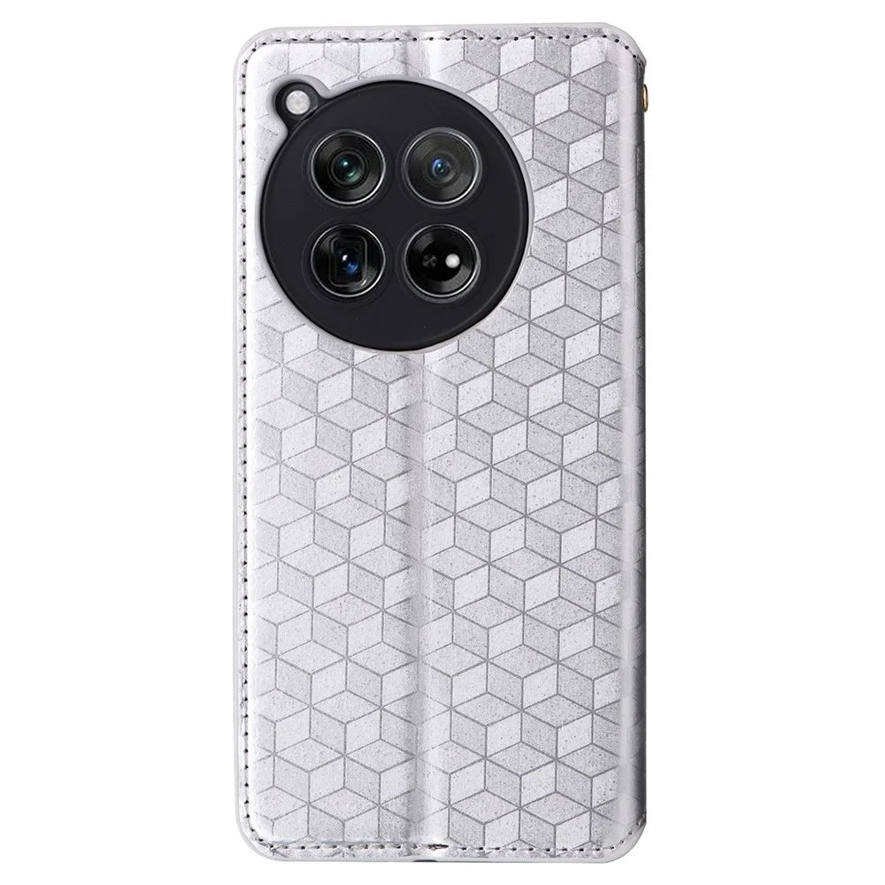 For OnePlus Ace 3 5G / 12R 5G Phone Cover Magnetic Rhombus Pattern Leather Case - Silver - 5