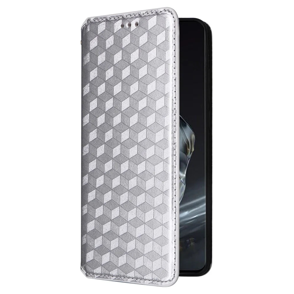 For OnePlus Ace 3 5G / 12R 5G Phone Cover Magnetic Rhombus Pattern Leather Case - Silver - 6