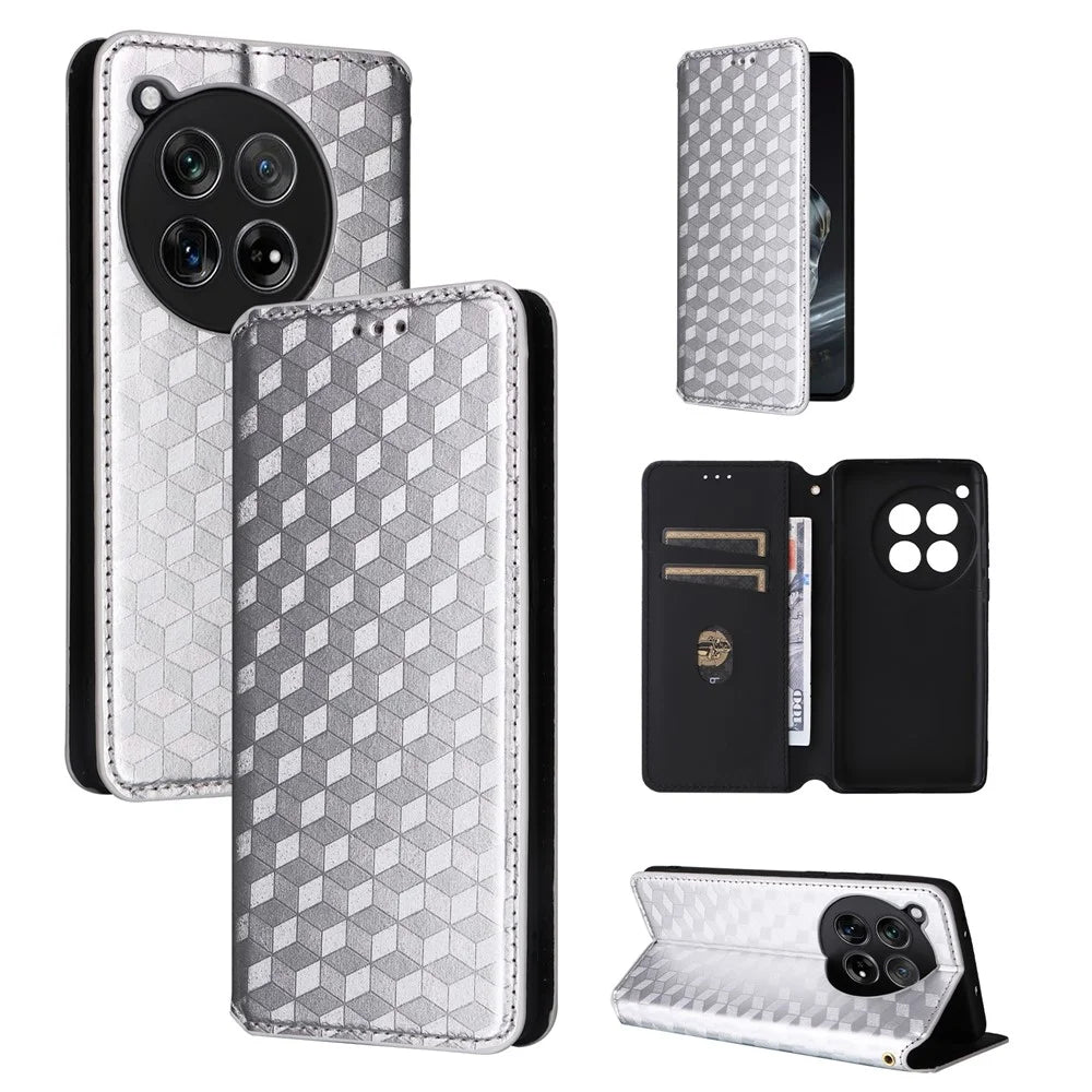 For OnePlus Ace 3 5G / 12R 5G Phone Cover Magnetic Rhombus Pattern Leather Case - Silver - 7