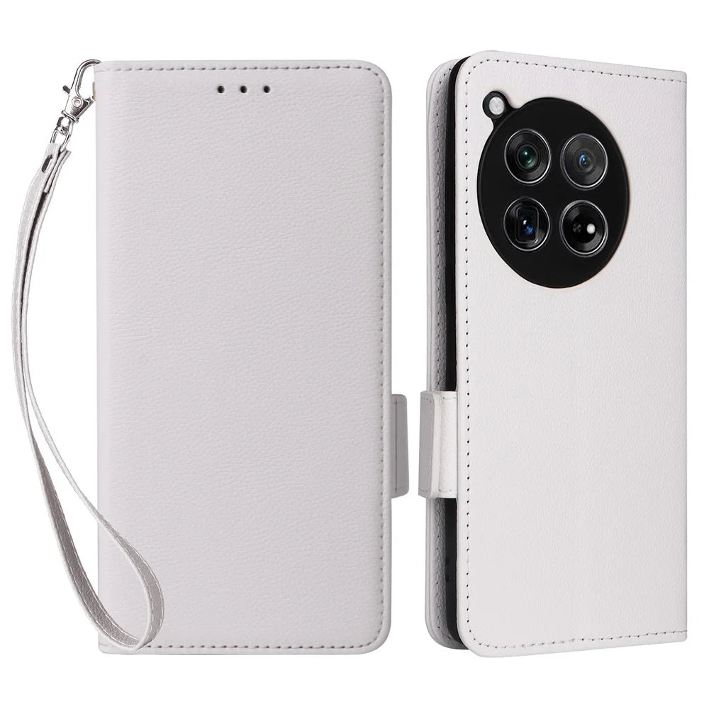 For OnePlus Ace 3 5G / 12R 5G Phone Case Leather Litchi Texture Cover with Wrist Strap - White - 1