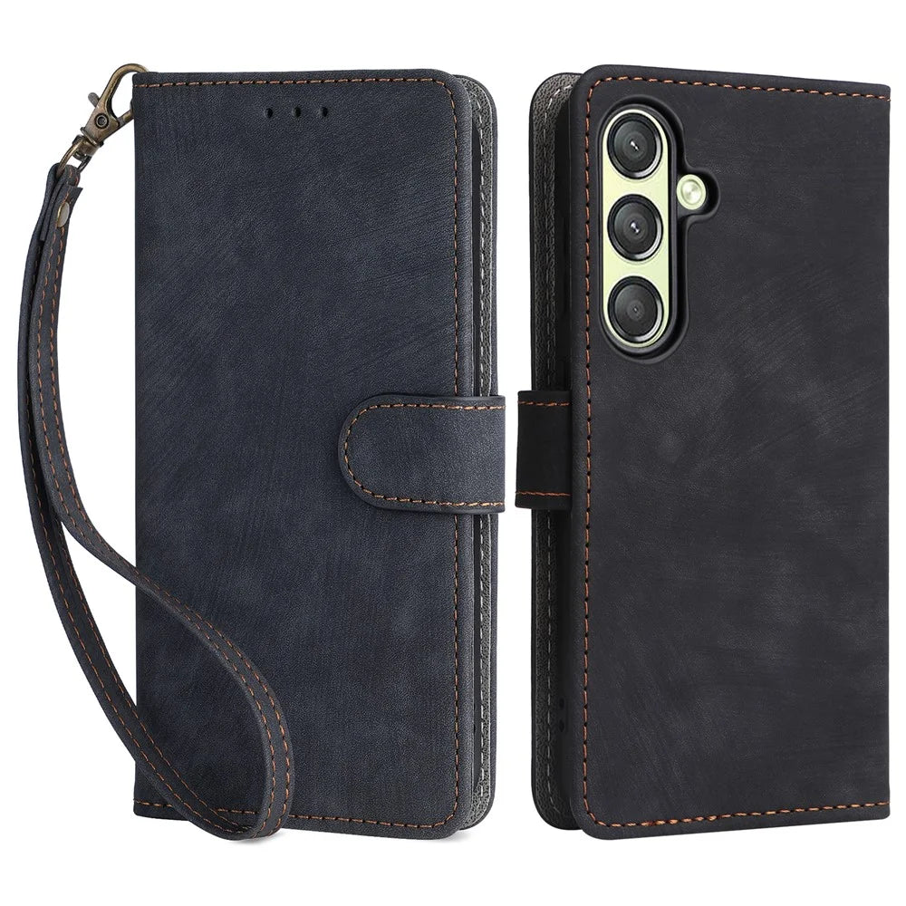 For Samsung Galaxy S24 Wallet Case RFID Blocking Phone Cover with Wrist Strap - Black - 1