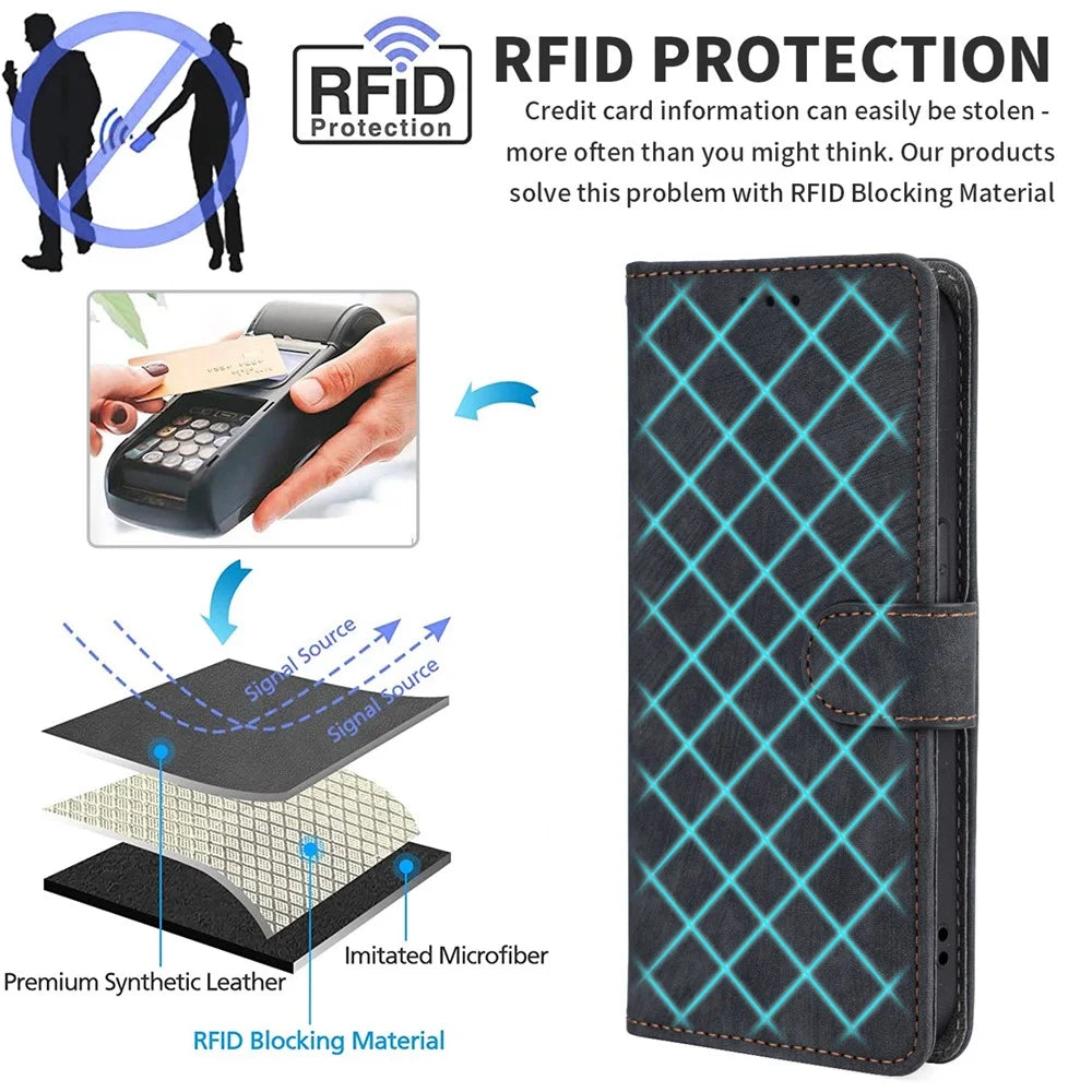 For Samsung Galaxy S24 Wallet Case RFID Blocking Phone Cover with Wrist Strap - Black - 5