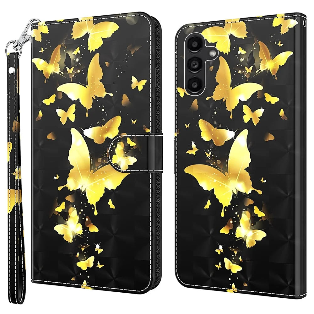 For Samsung Galaxy A35 5G Cell Phone Case PU Leather Stand Cover with 3D Pattern - Golden Butterfly - 1