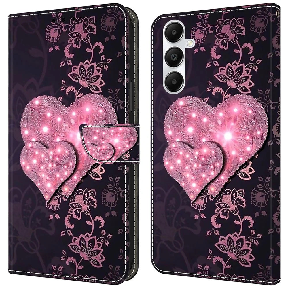 For Samsung Galaxy A35 5G Magnetic Case 3D Pattern Printing Leather Phone Protector - Lace Hearts - 1