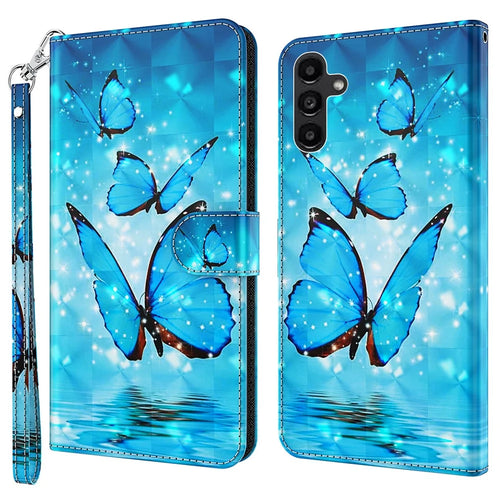 For Samsung Galaxy A55 5G Magnetic Phone Case 3D Pattern Folio Stand Cover with Wrist Strap - Blue Butterflies - 1