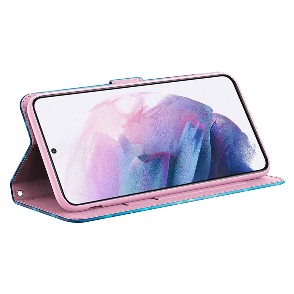 For Samsung Galaxy A55 5G Magnetic Phone Case 3D Pattern Folio Stand Cover with Wrist Strap - Blue Butterflies - 3
