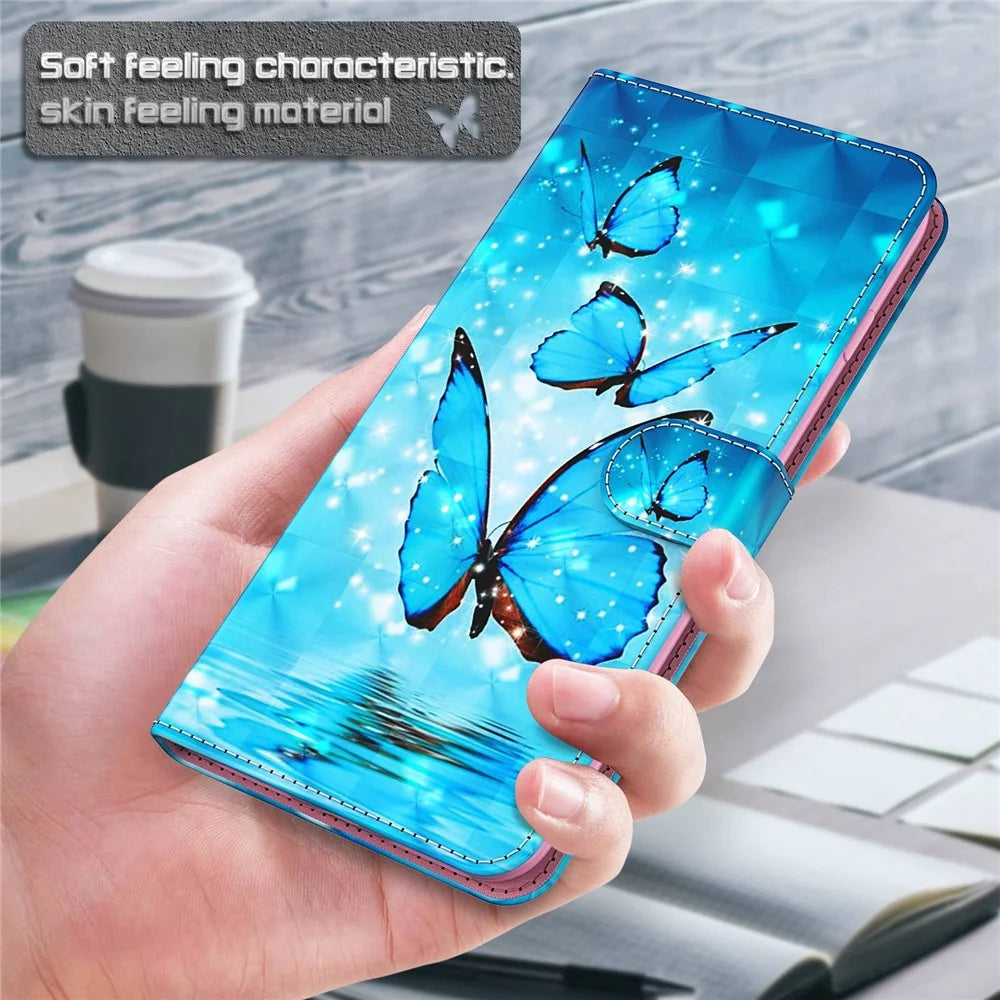 For Samsung Galaxy A55 5G Magnetic Phone Case 3D Pattern Folio Stand Cover with Wrist Strap - Blue Butterflies - 4