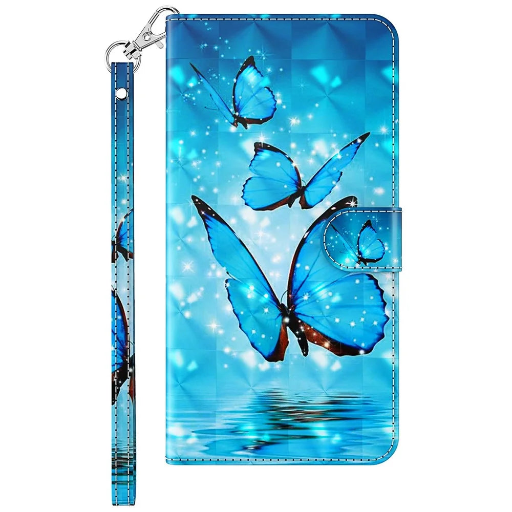 For Samsung Galaxy A55 5G Magnetic Phone Case 3D Pattern Folio Stand Cover with Wrist Strap - Blue Butterflies - 7