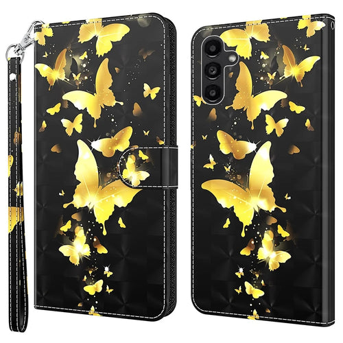 For Samsung Galaxy A25 5G (Global) (161.0 x 76.5 x 8.3mm) Case Leather 3D Pattern Phone Cover - Golden Butterfly - 1