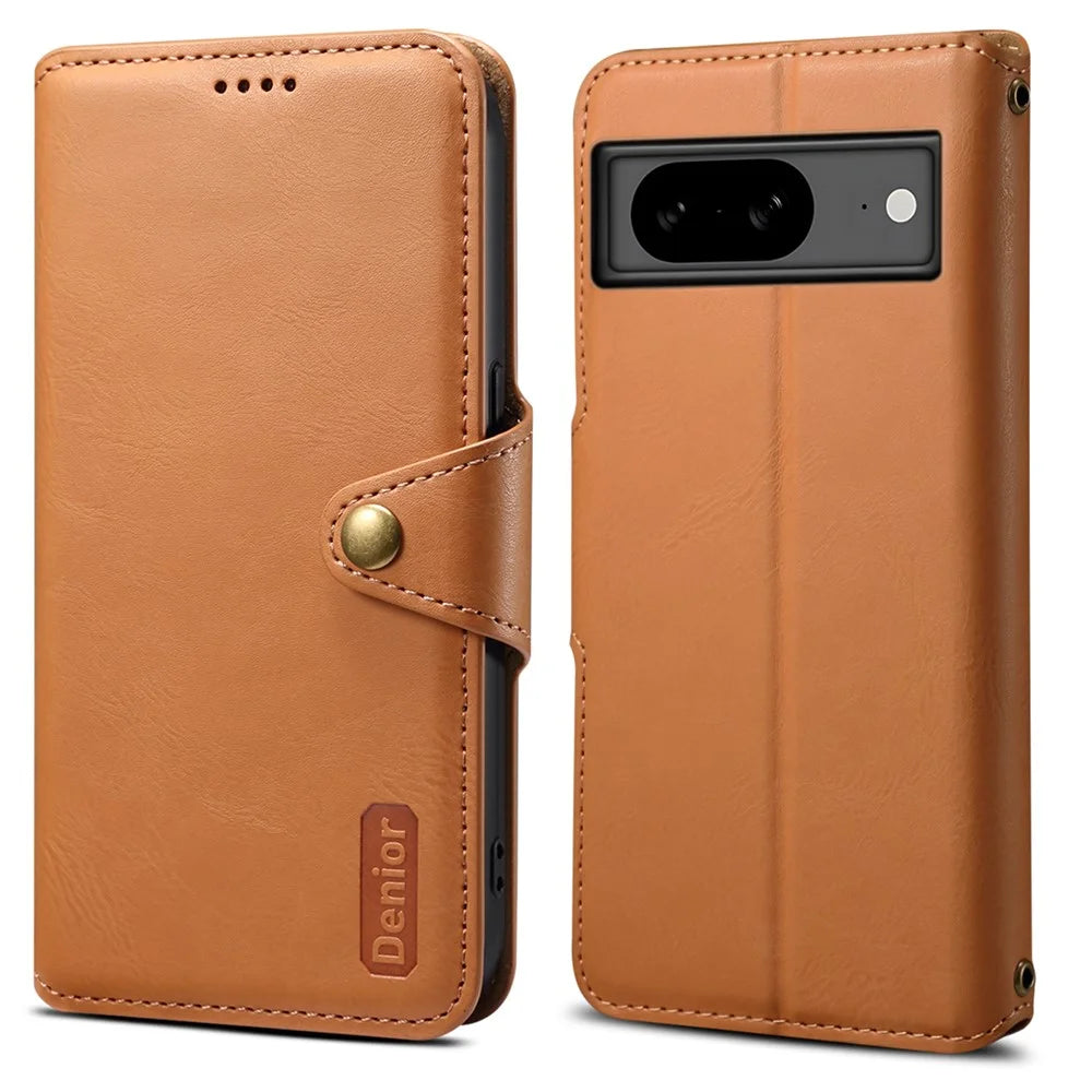 DENIOR For Google Pixel 8 Case Leather Stand Phone Cover with Cowhide Texture - Khaki - 1