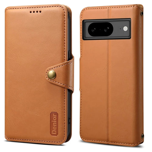 DENIOR For Google Pixel 8 Case Leather Stand Phone Cover with Cowhide Texture - Khaki - 1
