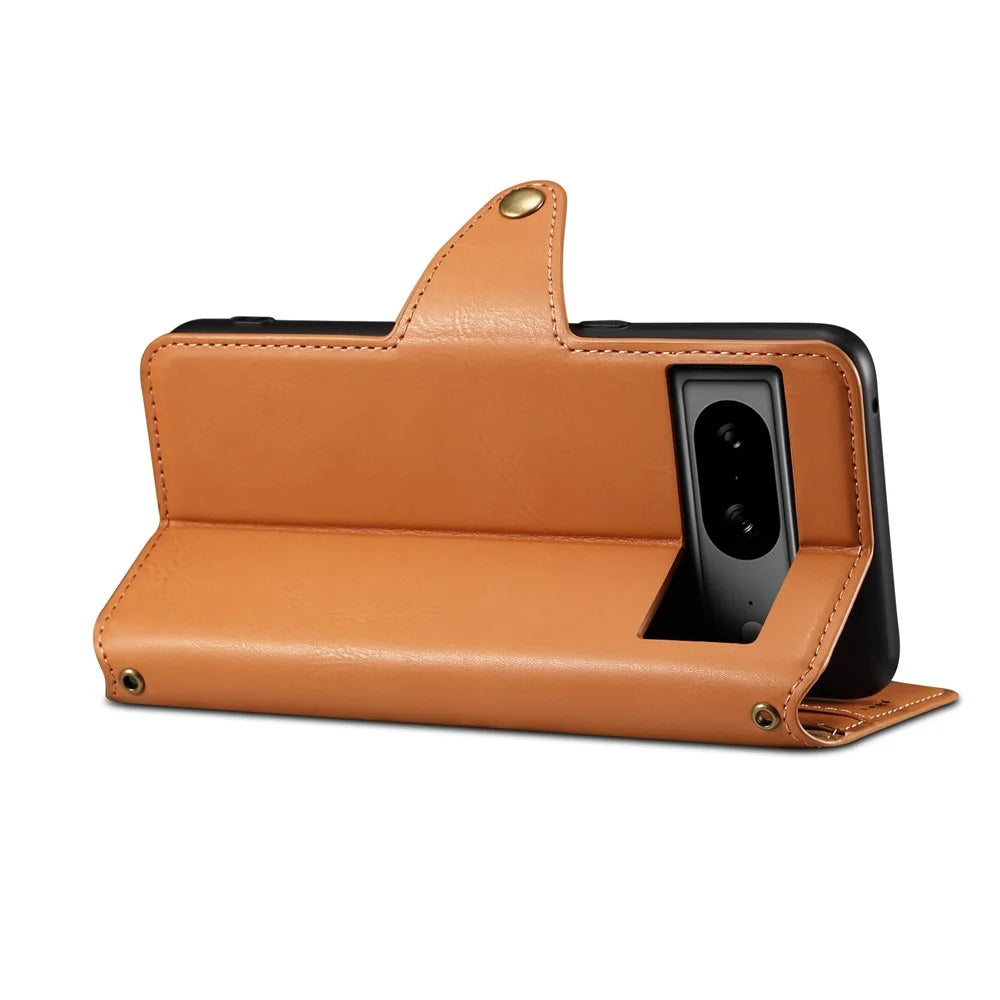 DENIOR For Google Pixel 8 Case Leather Stand Phone Cover with Cowhide Texture - Khaki - 2
