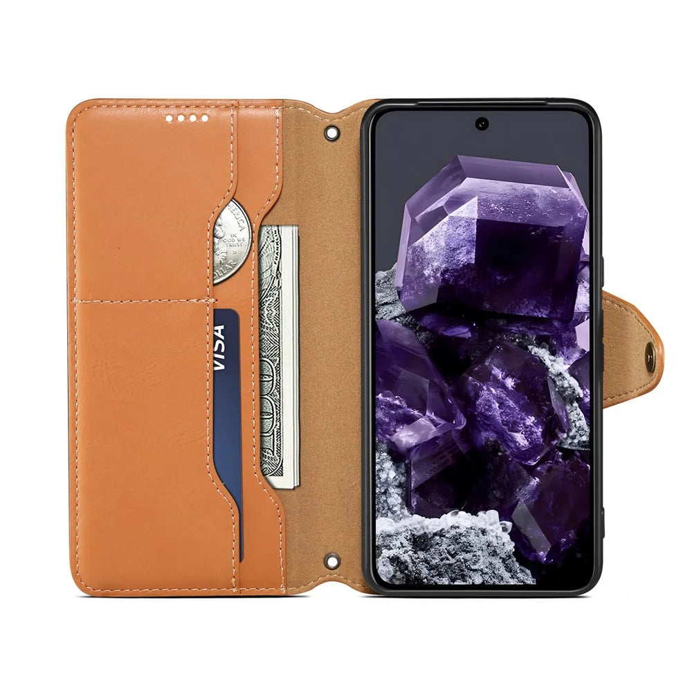 DENIOR For Google Pixel 8 Case Leather Stand Phone Cover with Cowhide Texture - Khaki - 3