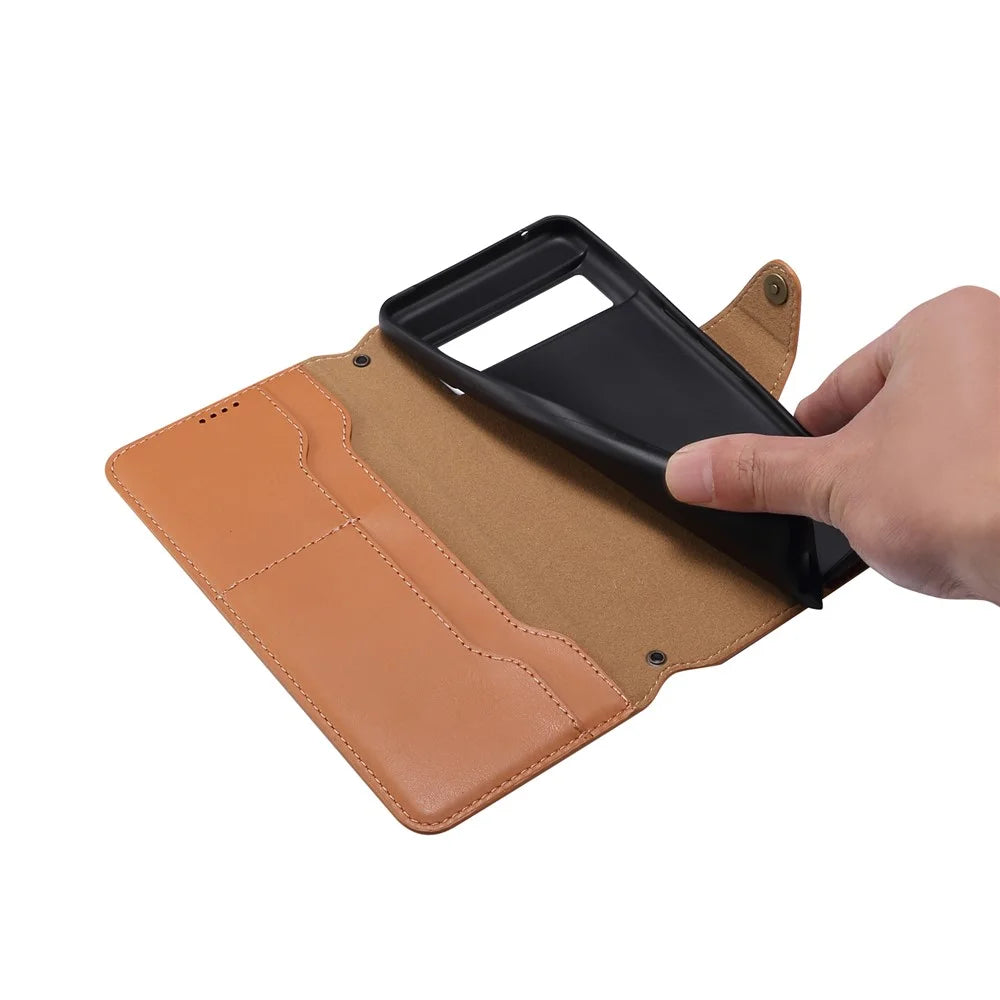 DENIOR For Google Pixel 8 Case Leather Stand Phone Cover with Cowhide Texture - Khaki - 4