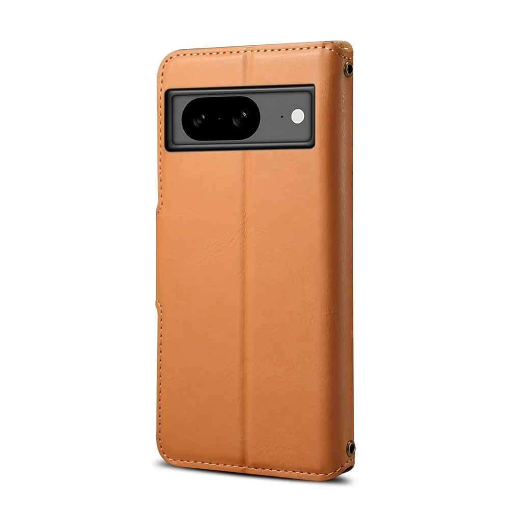 DENIOR For Google Pixel 8 Case Leather Stand Phone Cover with Cowhide Texture - Khaki - 7